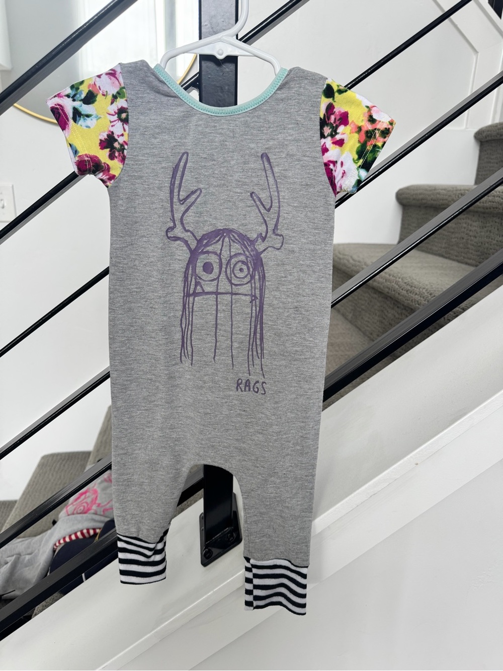 Rags to Raches Grey Floral-Sleeve Kids One-Piece Romper